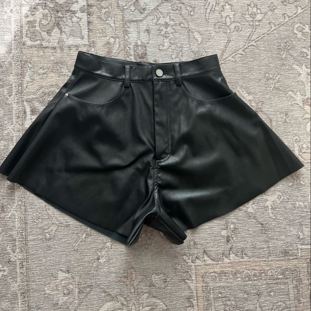 WeWoreWhat vegan leather flare bell shorts